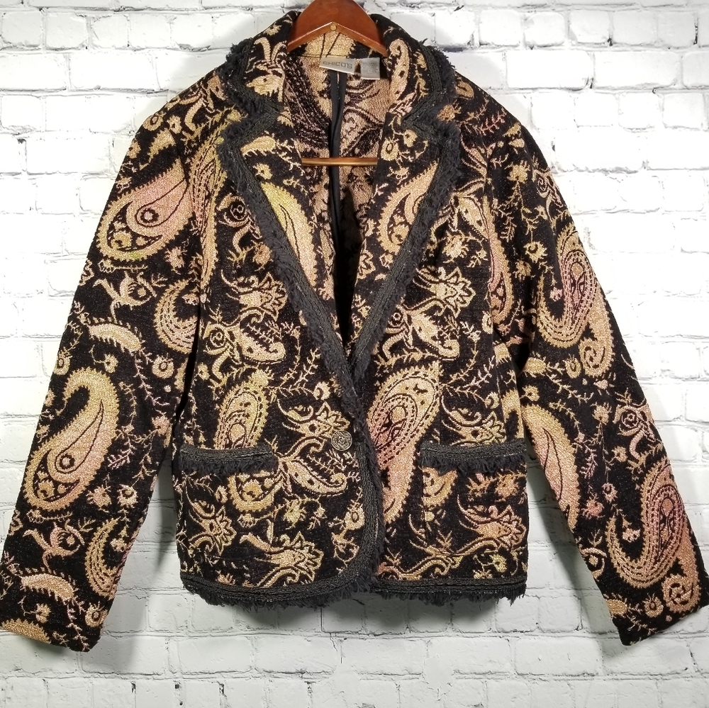 CHICOS Blazer Jacket Tapestry Paisley Fringe Sz 1
